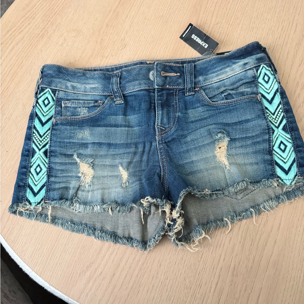 Express Blue Jean Shorts with Distressed Design